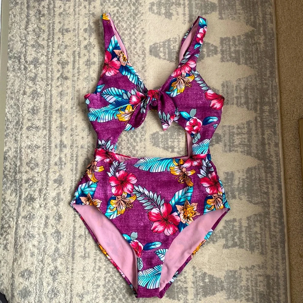 Purple Tropical Floral Monokini - Picture 1 of 4